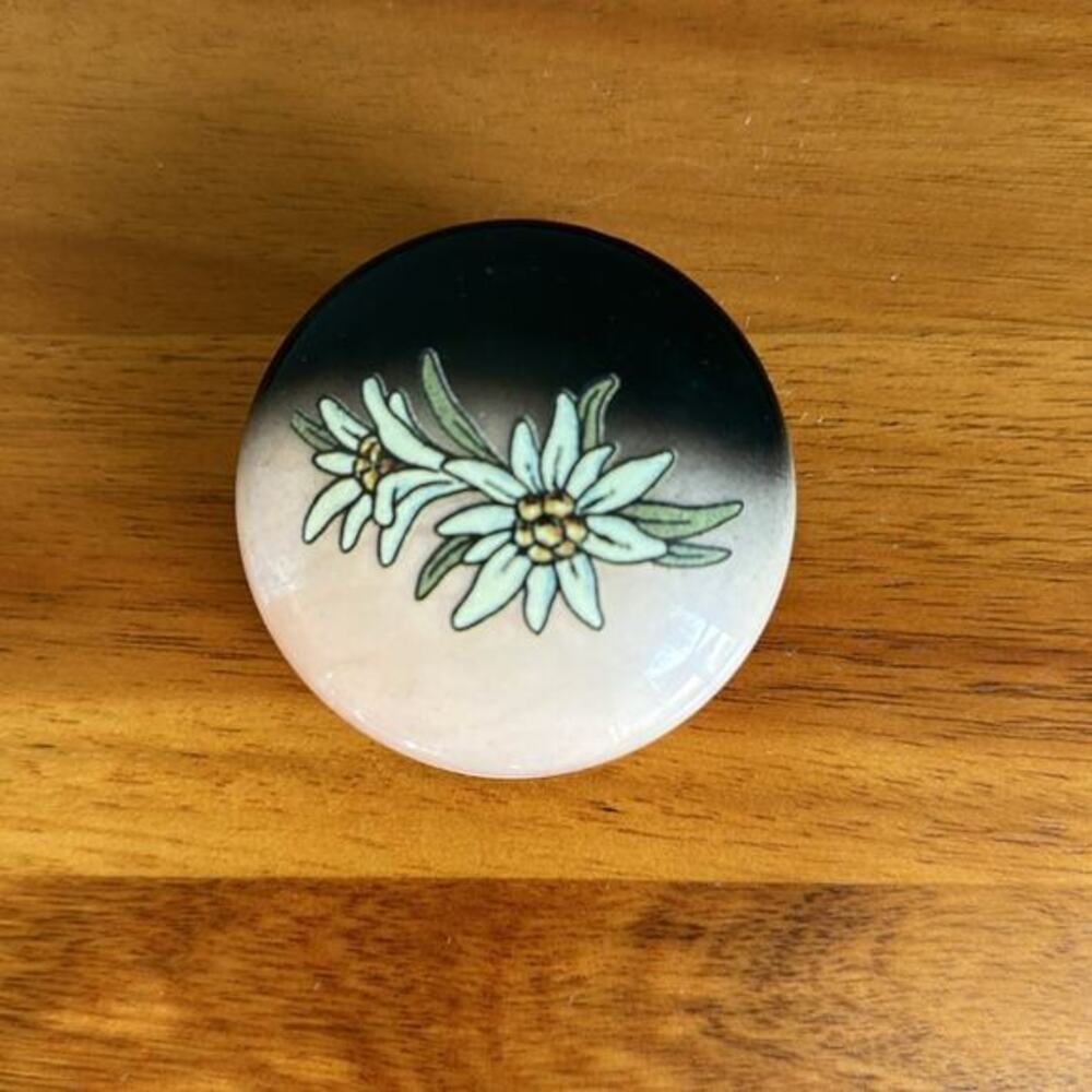Floral black‎ and peach trinket pill box hinged vintage heavy - Picture 3 of 5